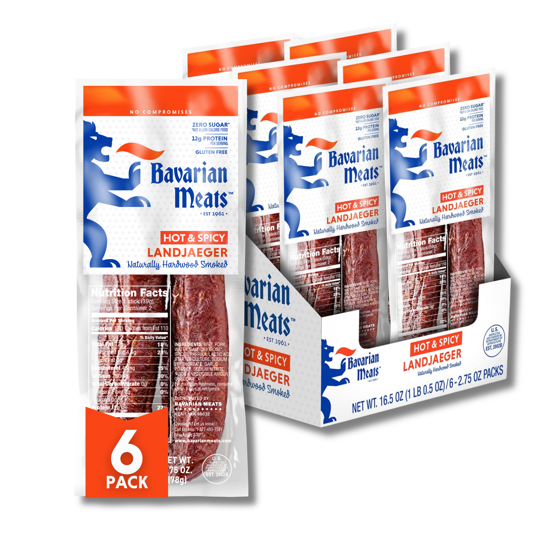Hot & Spicy Original Landjaeger Pack - 2.75 oz (6 Pack) – Bavarian